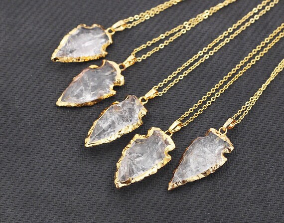 Raw Clear Quartz Arrowhead Necklaces With Electroplated