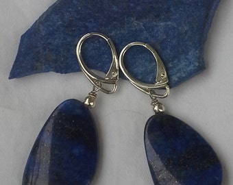 handmade large Lapis Lazuli earrings with bright silver lever back closure