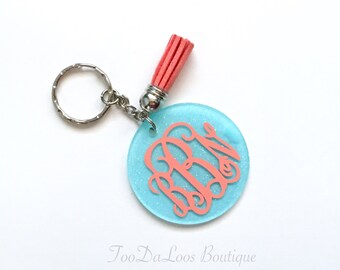 Monogrammed Round Glitter Tassel Keychain
