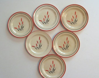 SALE were 10. Universal Potteries Camwood Ivory Cattail plates. Set of 6 1930s bread and butter plates. Red and black on ivory china