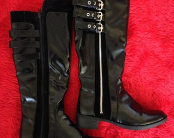 Vtg 90's PUNK Goth Fetish black pvc faux suede triple buckle knee high boots UK6/EUR39/US8