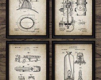 Vintage Firefighter Patent Print - Firefighting Blueprint Wall Art - Fire Rescue Gift Home Decor - Set Of 4 Prints #411 - INSTANT DOWNLOAD