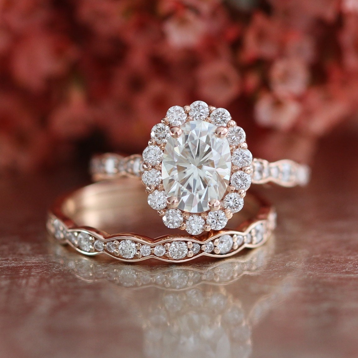 Halo Diamond Moissanite Wedding Ring Set in 14k Rose Gold