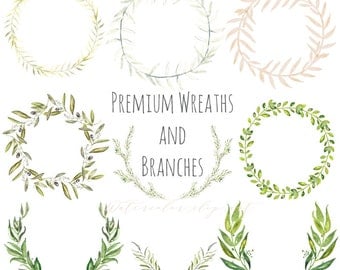 Premium wreaths and branches. Watercolor clip art hand drawn. Light green branches, wedding invitation, olives, rosemary, Laurel Wreath