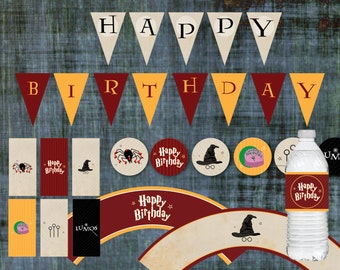 Harry Potter Birthday Decorations | Banner, Cupcake Toppers & Wrappers, Candy Bar Wrappers, Water Bottle Labels | Printable PDF
