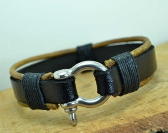 Mens Bracelet,Men’s leather bracelet,Mens Leather bracelet,Man bracelet leather,Black and natural leather,Omega clasp