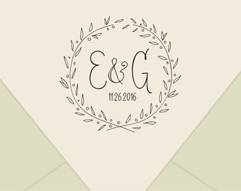 Custom wedding monogram stamp ,-wreath Save The Date Stamp- Retro Wedding Stamp - Save the Date custom Rubber Stamp-custom stamps