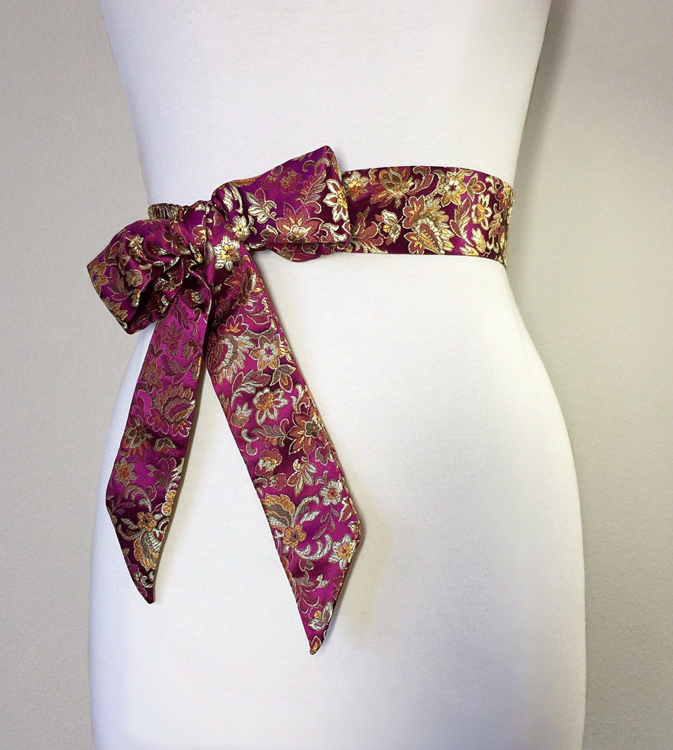 Asian Brocade Sash in Bright Plum & Gold, Floral Sash in Gold Satin ...