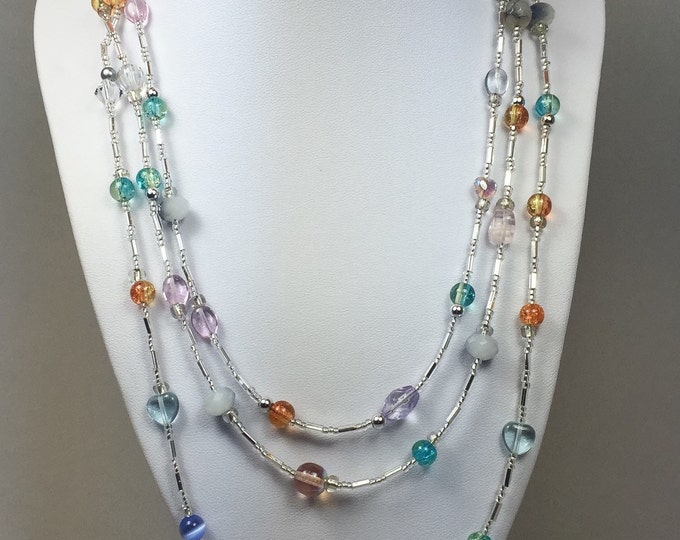 Multicolored necklace, color necklace, triple strand necklace, crystal necklace, beaded necklace, summer necklace
