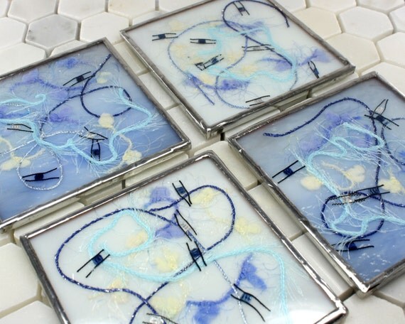 Keuken coasters blauw glas onderzetter set door balsamrootglass