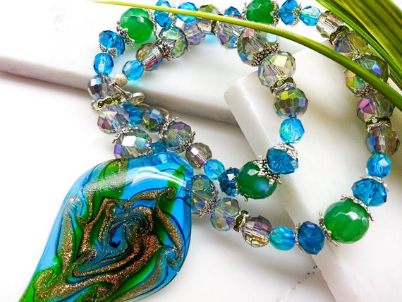 Blue Green Lavender Necklace Crystal Glass by TheLoveBabyCompany