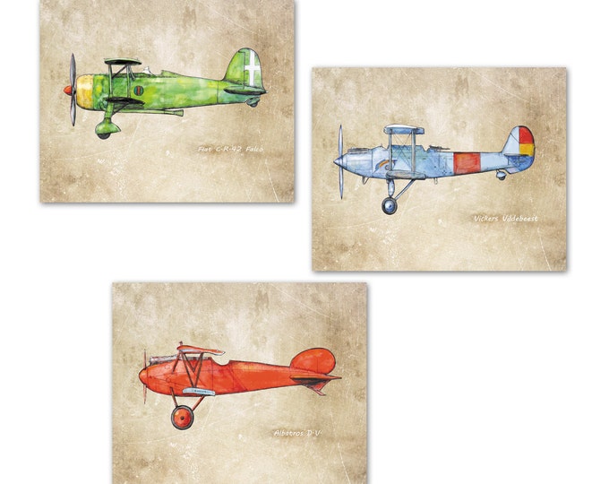 Airplane nursery prints on vintage paper decor Set of 3 pics Retro military airplanes Boys nursery wall art Transportation