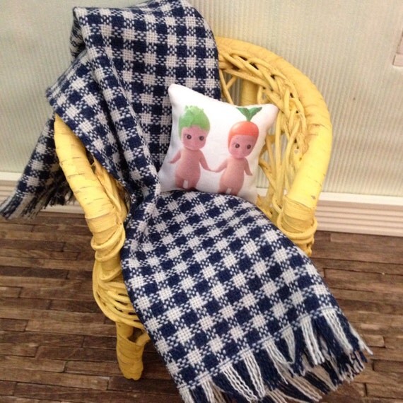 Vintage Wool Picnic Blanket in Blue & White Gingham Check for