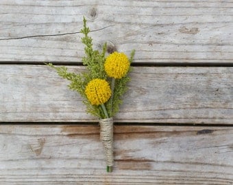 Yellow Billy Button Boutonniere Wedding Buttonhole for Grooms made with artificial silk billy buttons and astilbe rustic vintage