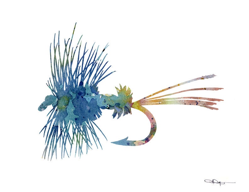 Fly Fishing Art Print Abstract Watercolor Painting Wall