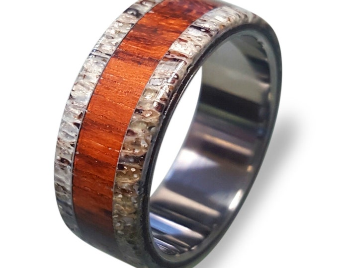 Titanium Ring, Mens Titanium Wedding Band, Deer Antler, Antler Ring, Wooden, Wood Ring, Cocobolo Inlay