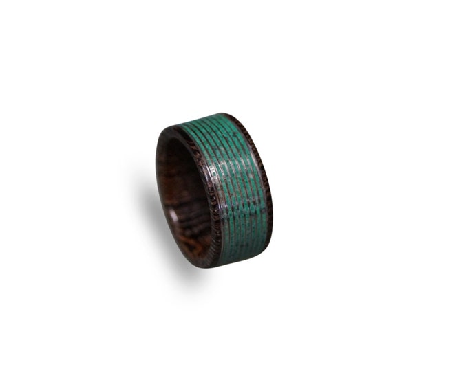 Wenge Wood Ring with Malachite Inlay, Malachite Ring, Threaded Pattern Ring