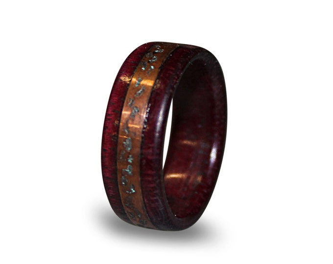 Purple Heart Ring, Amaranth Wood Ring, Wooden Ring With Patina Copper Ring Inlay