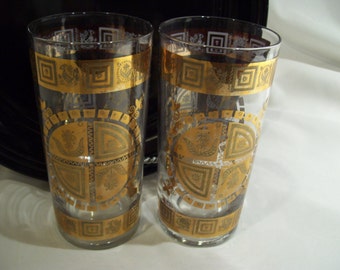 2 Gold Shield Drinking Glassware ,Mid Century Glass,Mad Men,Barware
