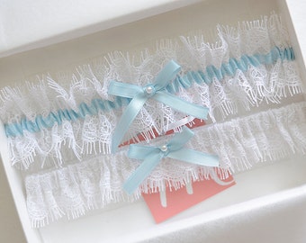 Something blue wedding garter set, blue bridal garter, lace garter, toss garter, keep sake garter, made to order, made in Australia