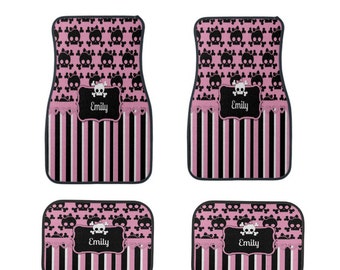 Sugar Skull Car Mats Pink Black Personalized Custom With Your Name Great Gift FULL set Car Accessories