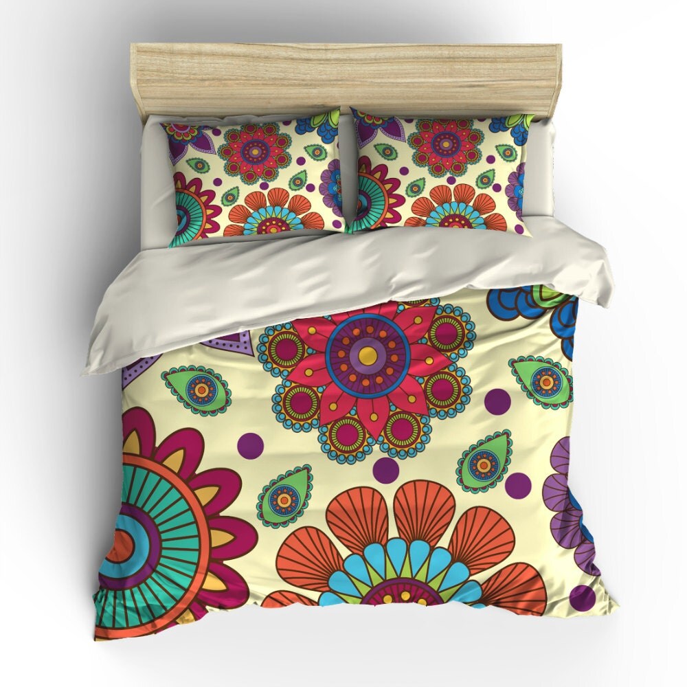 Boho Chic Bedding Duvet Cover Set Blooming Mandala Flowers