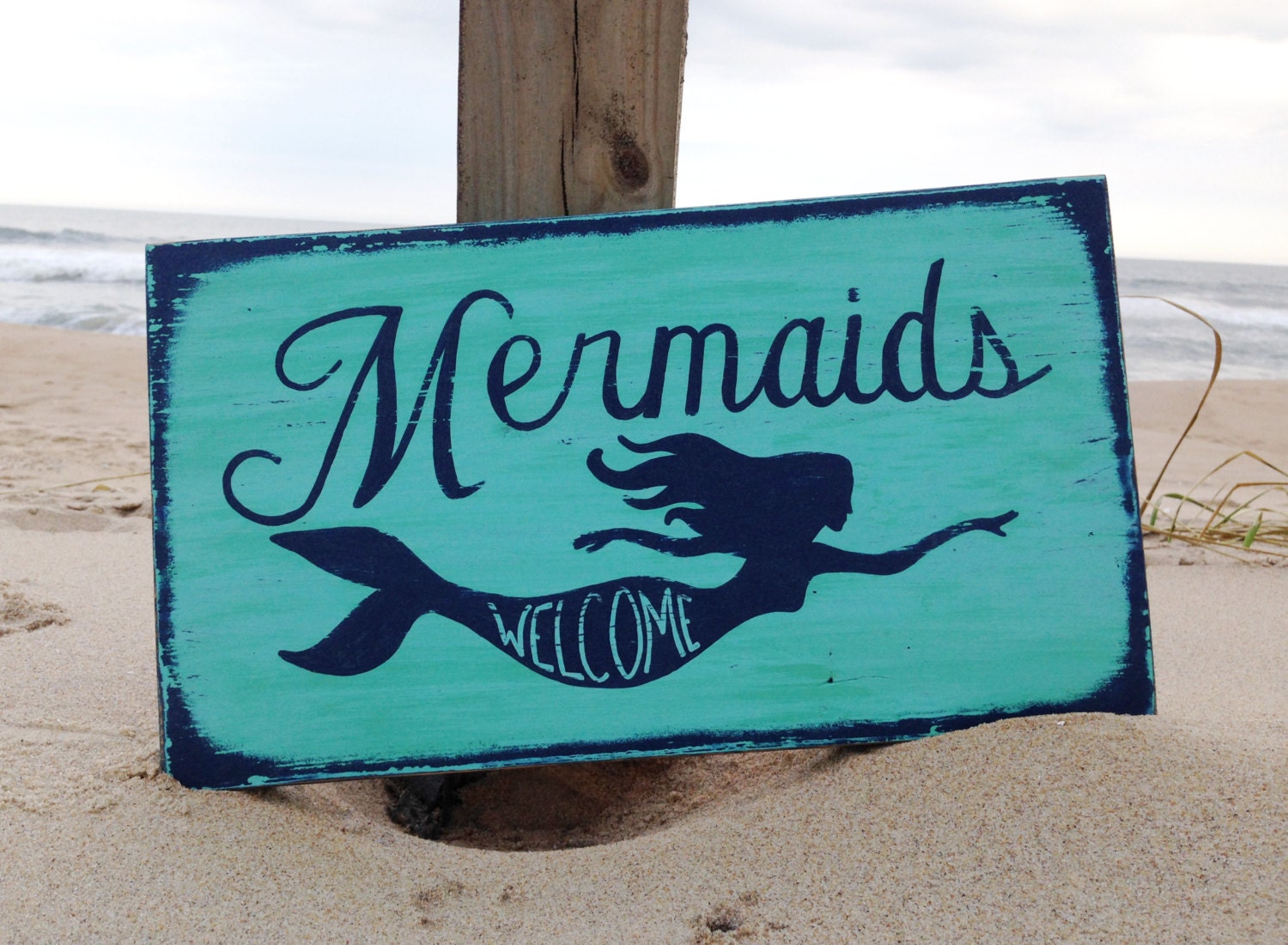 Mermaids welcome hand painted wooden nautical beach sign