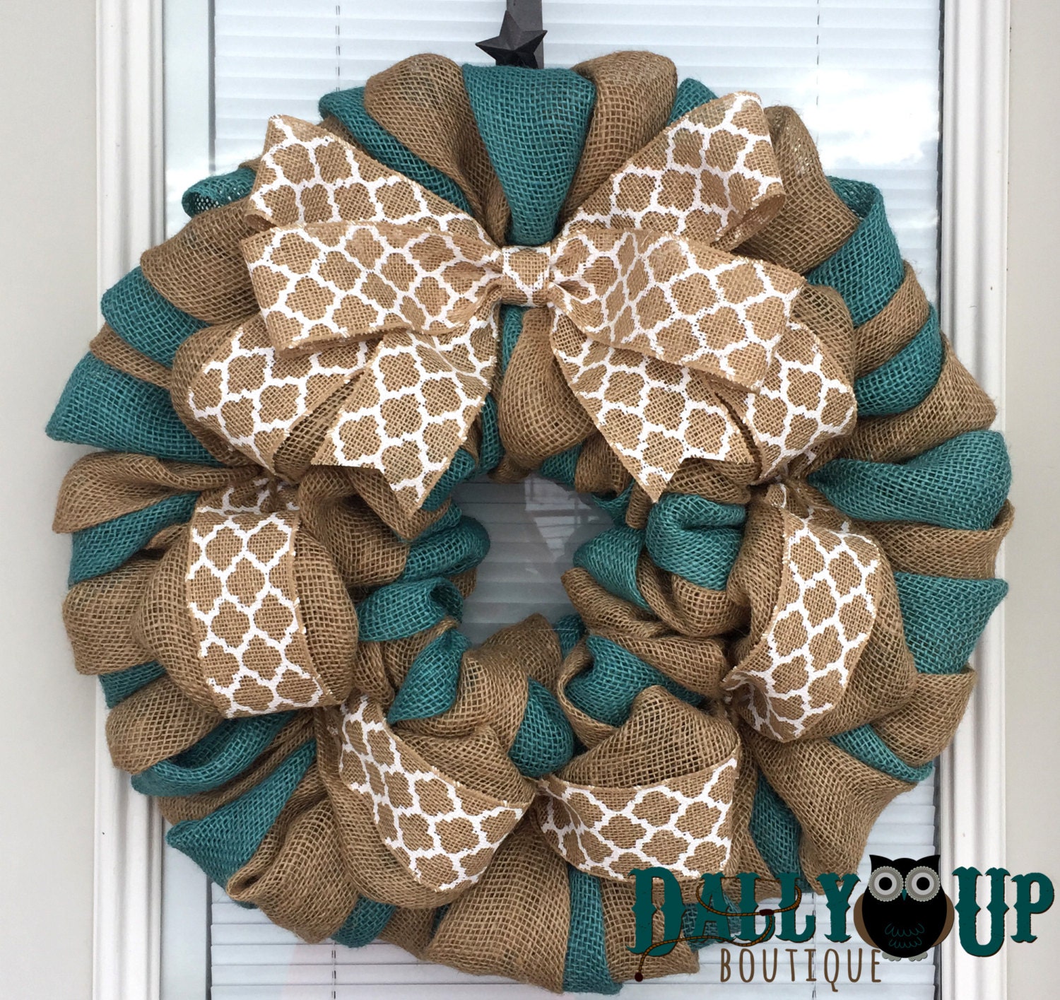 Burlap Wreath, Natural and country Teal - White quarterfoil Burlap Wreath - Wreath for All Year - Welcome Wreath -  Country Teal Wreath