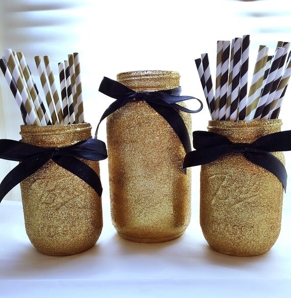 Black and gold mason jars Pint Sized Jar by EverydayDesignEvents