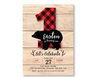 Lumberjack First Birthday Invitation / Printable, Customized, DIY invitation / bear, buffalo plaid, wood / Rustic Woodland Lumberjack boy