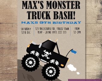 Printable Monster Truck Birthday Invitation / Customisable Digital File / JPG or PDF / Black, Blue, Kraft card, brown paper