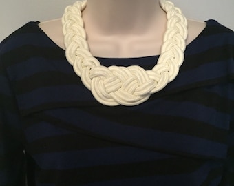 White Nautical Knotted Braided Rope Sailor Knot Statement Necklace