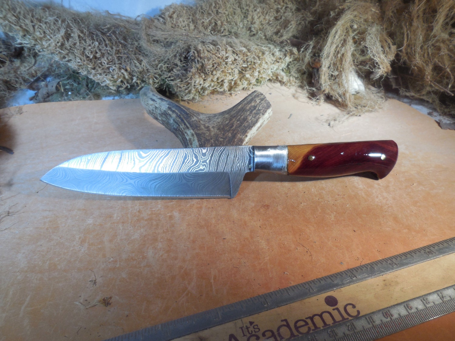 Damascus Santoku Chef and Camping Knife Red Cedar wood handle.
