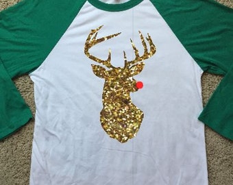 Christmas Rudolph Raglan Shirt with Glitter or Smooth Vinyl