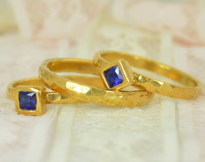 Square Sapphire Engagement Ring, 14k Gold, Sapphire Wedding Ring Set, Rustic Wedding Ring Set, September Birthstone, Solid Gold