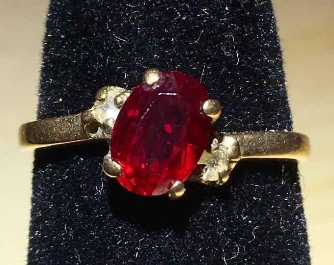 Storewide 25% Off SALE Vintage 10k Gold Ladies Deep Offset Garnet Solitaire Ring Featuring Diamond Accented Design
