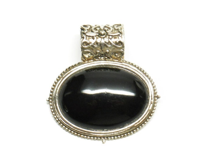Storewide 25% Off SALE Vintage Silver Trimmed Black Cabochon Necklace Pendant Featuring Victorian Style Scrolled Designs