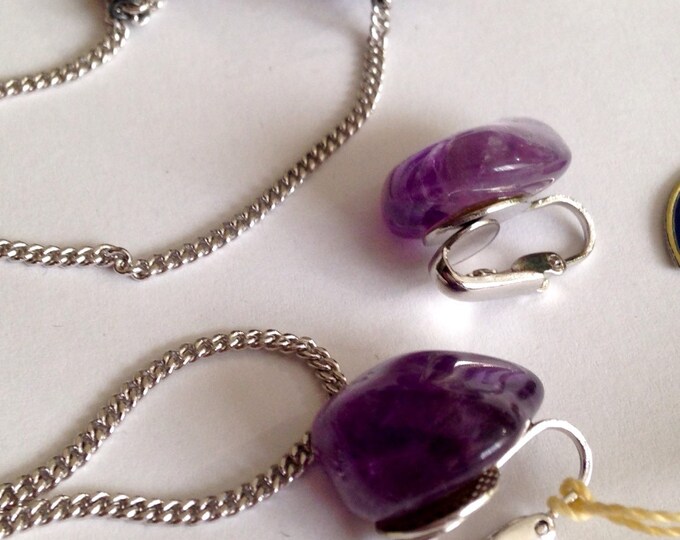 Storewide 25% Off SALE Vintage Art Deco Silver Tone Amethyst Necklace & Matching Amethyst Clip Earrings Set With Genuine Deep Purple Stones