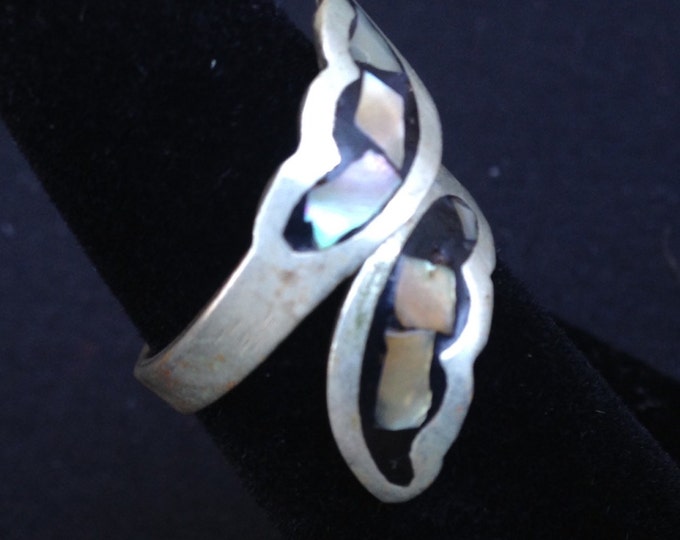 Storewide 25% Off SALE Vintage Alpaca Mexican Silver Mother Of Pearl Inlaid Adjustable Designer Ring Featuring Free Flowing Wingback Design