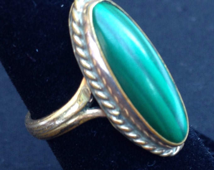 Storewide 25% Off SALE Vintage Gold Filled large Oval Malachite Center Cut Designer Ring Featuring Eclectic Design Style