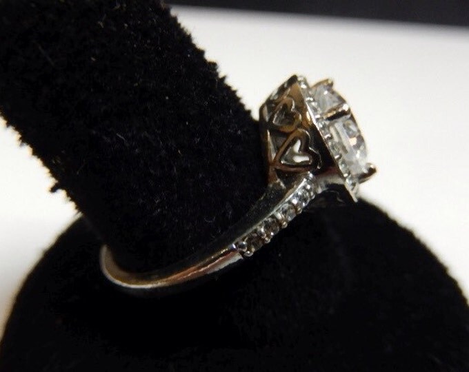 Storewide 25% Off SALE Vintage Sterling Silver Round Brilliant Cut Ladies Engagement Ring Featuring Baguette Accented Design Finish