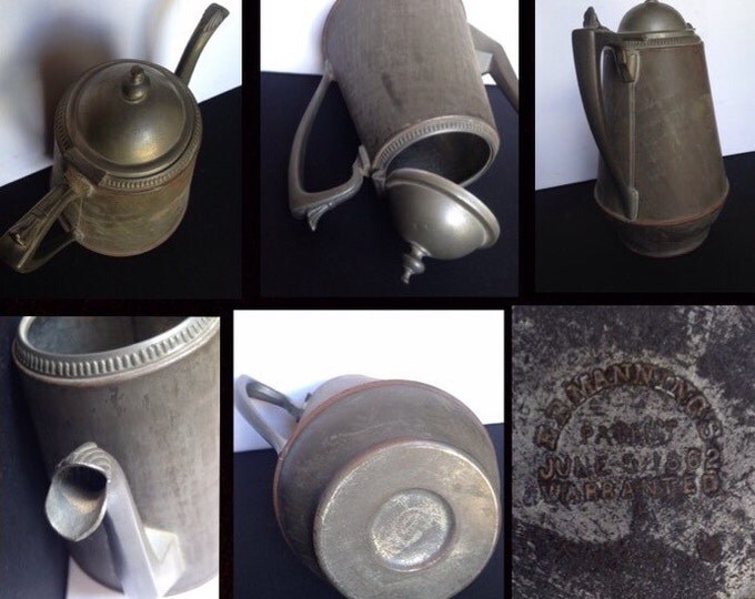 Storewide 25% Off SALE 19th Century Antique Civil War Era E.B. Manning 1862 Pewter Hinge Lidded Coffee Pot Featuring Edwardian Style Design