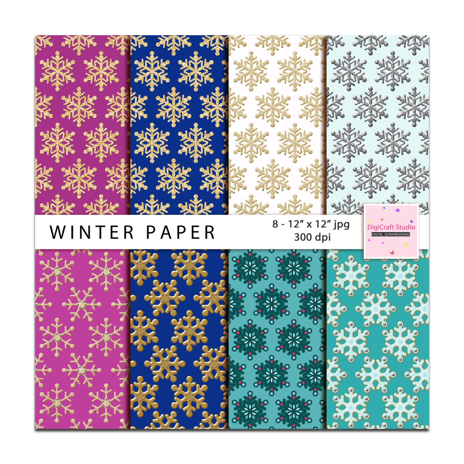 Digital Winter Scrapbook Paper Images of snowflakes in