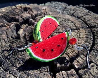 Watermelon Earrings, Polymer clay jewelry, Red fruit earrings, Juicy jewellery, Watermelon slice, Berry earrings, Fruit jewelry