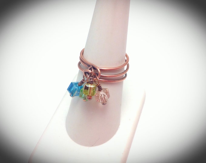 Mother's copper wire wrapped ring with Swarovski Crystal l birthstones