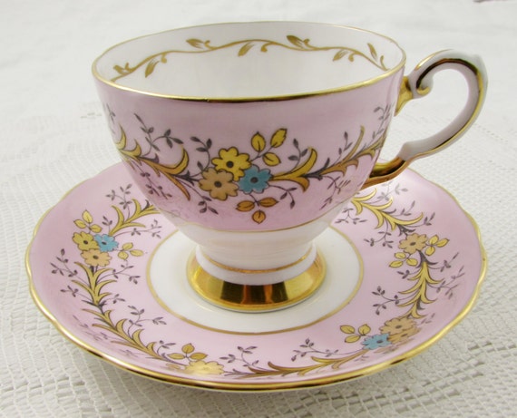 Vintage Tuscan Pink Tea Cup and Saucer with Flowers and Gold