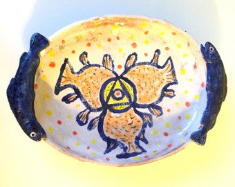 Hand Painted Retro Ceramic Fish Tray with Fish Handles Signed R McClain