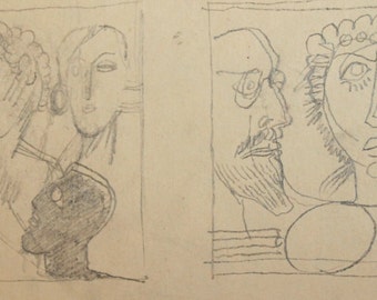 Vintage Abstract Figures Nude Pencil Drawing