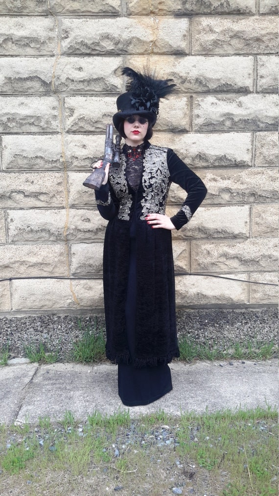 ORIGINAL and one of a kind HANDMADE steampunk, victorian black velvet lace and beaded maxi coat free shipping! by RCMooreVintage steampunk buy now online
