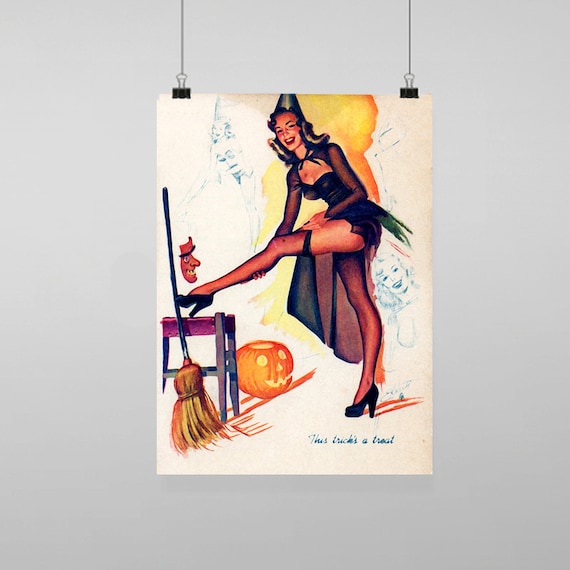 Pin Up Girl Sexy Witch Vintage Reproduction Wall Art Decro